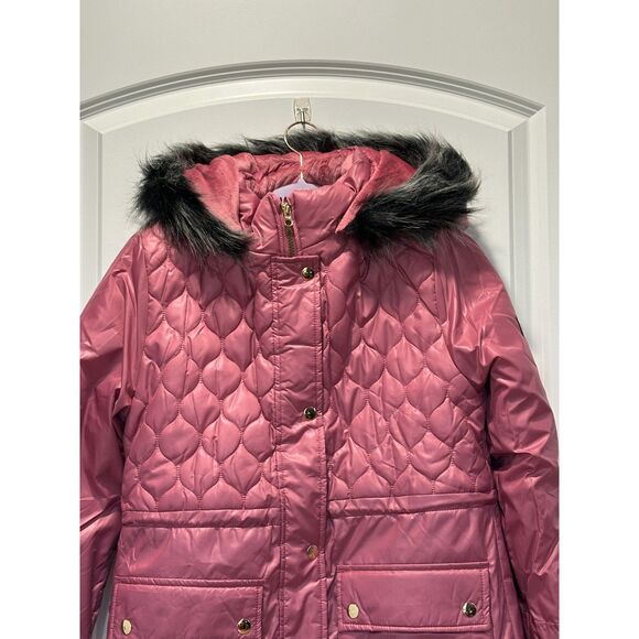 NWT London Fog Dusty Pink Quilted Faux Fur Puffer Coat Girl's Large - Picture 9 of 12
